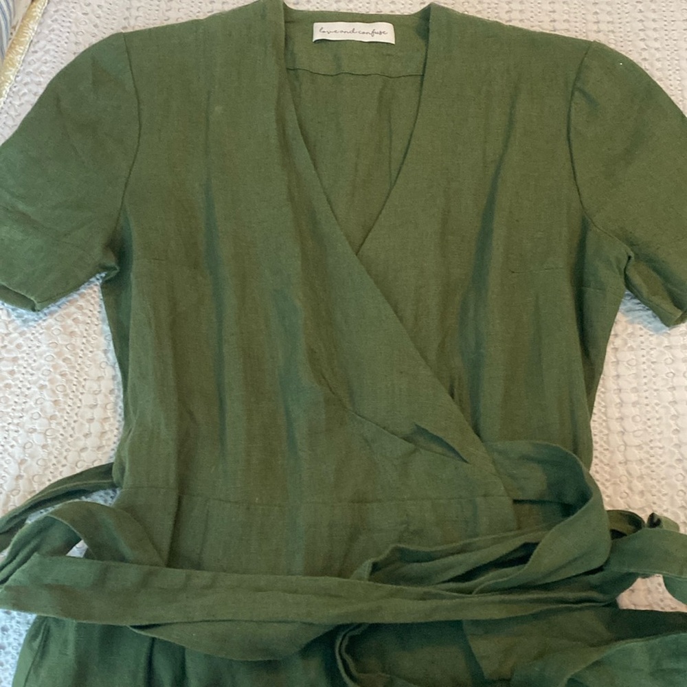 Linen Wrap Dress / Linen Summer Dress in Forest Green / XS